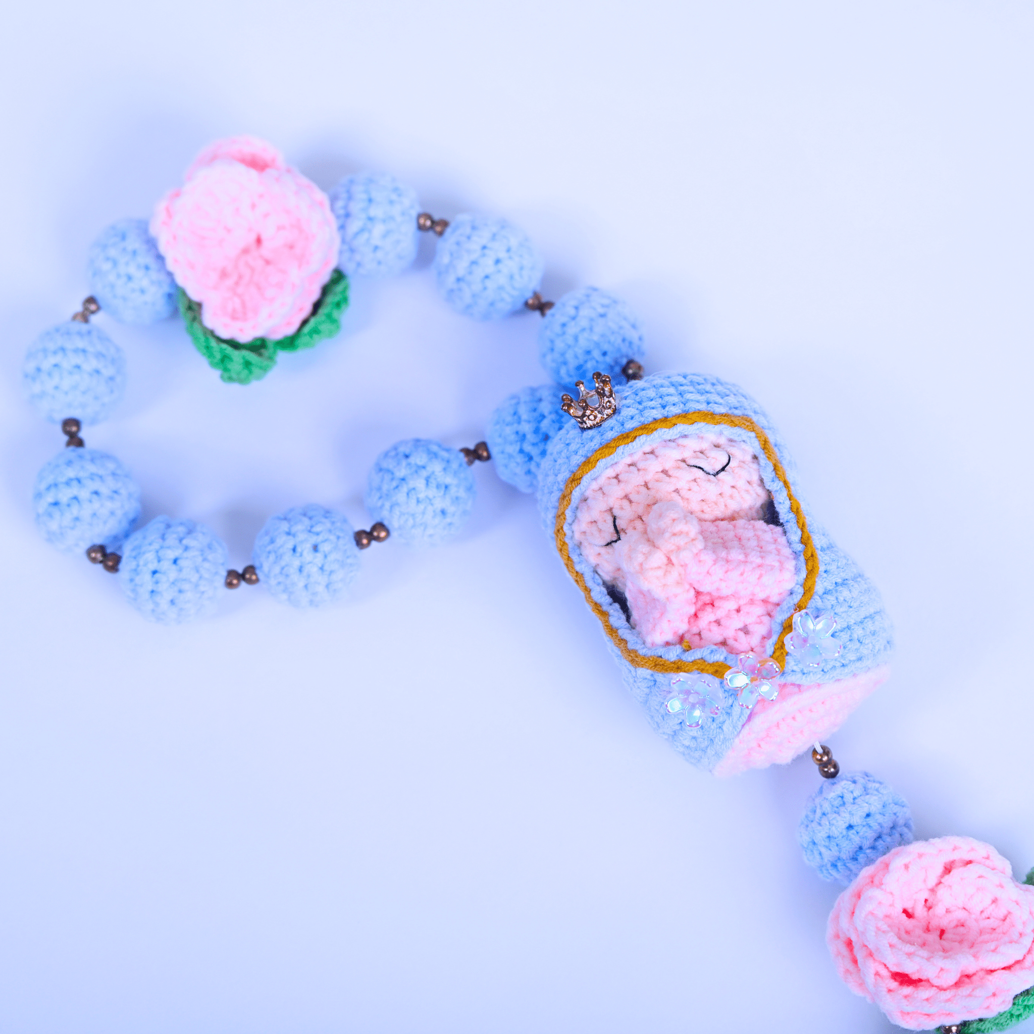 Blue Handcrafted Marian Crochet Rosary with Swaddled Virgin Mary – handmade Christian products JLD Designs Co.