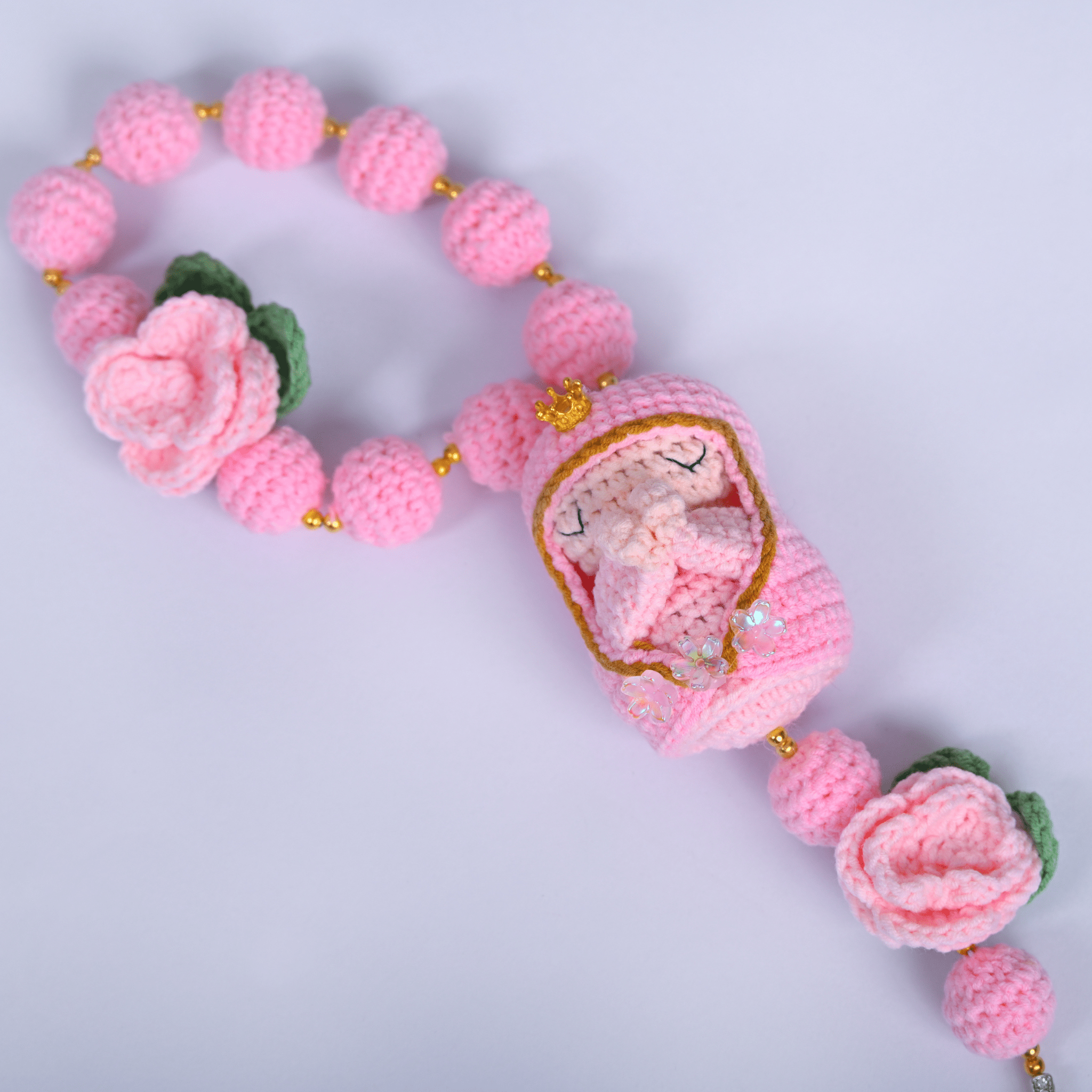 Marian Pink Crochet Rosary – handmade Christian products JLD Designs Co.