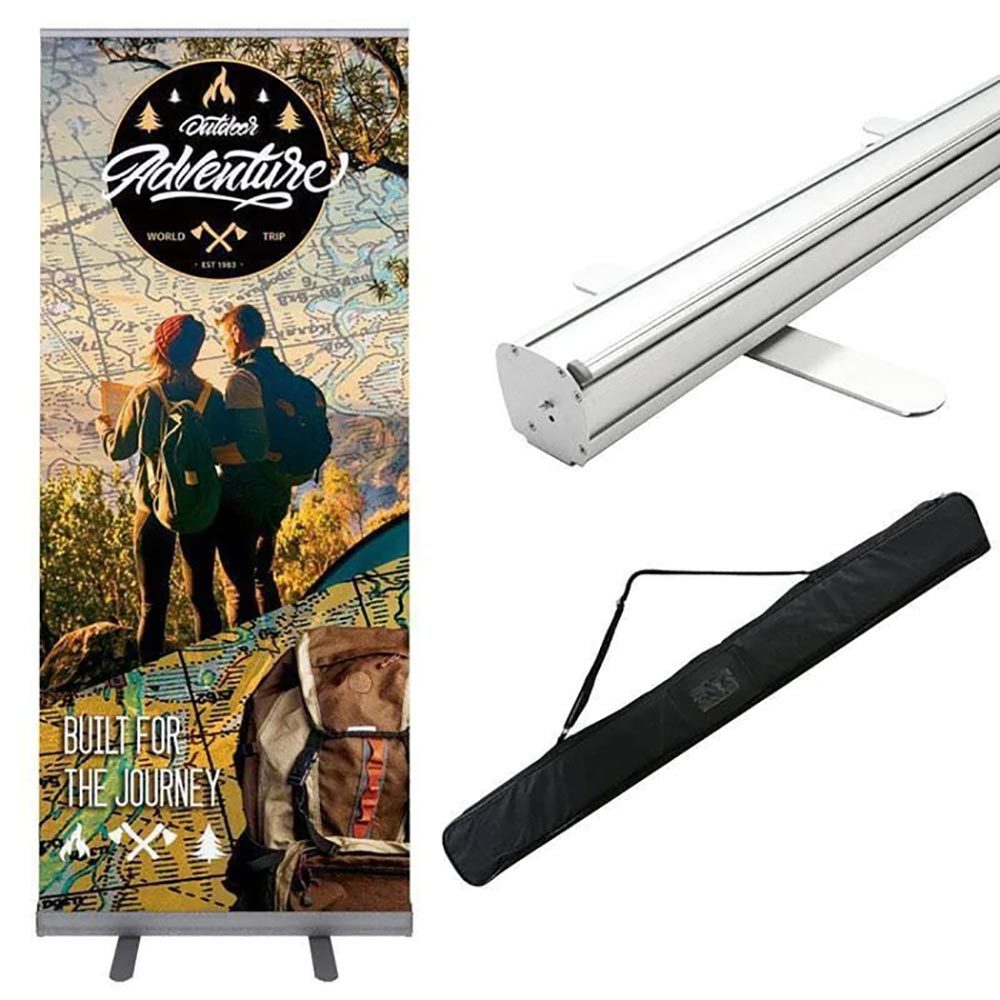 Retractable banner stand with carry bag and sample banner